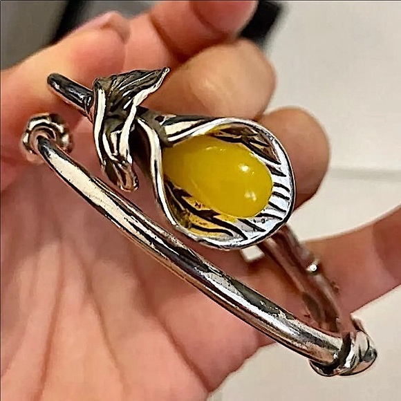 STERLING SILVER HANDMADE VINTAGE JADE FLOWER BANGLE BRACELET - Picture 4 of 13